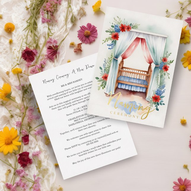 Invitación Con Relieve Metalizado Oro de la ceremonia de nomenclatura de cuna románt (Romantic Floral Cheerful Crib Naming Ceremony Gold Metallic Foil Invitation Card.)