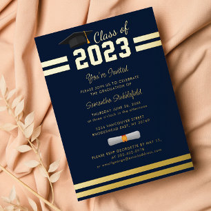 Invitación Con Relieve Metalizado Oro de la fiesta de graduación azul de la marina d