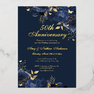 Invitación Con Relieve Metalizado Oro de la marina floral 50° aniversario del Boda