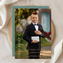 Invitación Con Relieve Metalizado Oro de la primera comunión de un niño moderno con