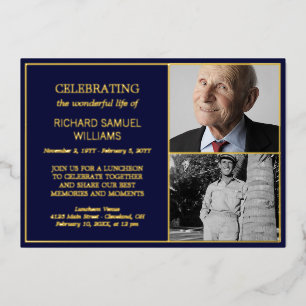 Invitación Con Relieve Metalizado Oro de Marina Celebrando la Vida 2 Fotos Memorial