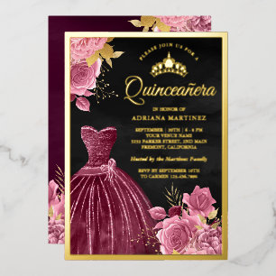 Invitación Con Relieve Metalizado Oro de Quinceanera Negro de plumas de flores rosad