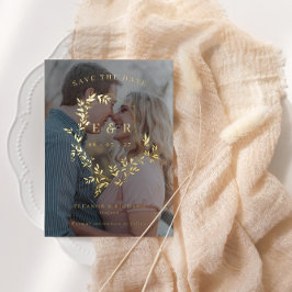 Invitación Con Relieve Metalizado Oro deja al Escudo Monograma Foto Salva la Fecha F