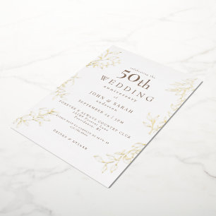 Invitación Con Relieve Metalizado Oro del 50 aniversario Boda blanco