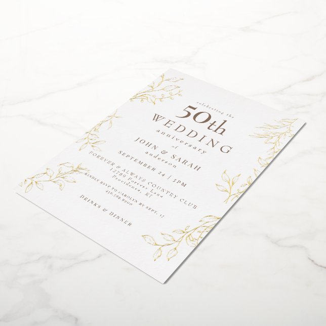 Invitación Con Relieve Metalizado Oro del 50 aniversario Boda blanco (girado)