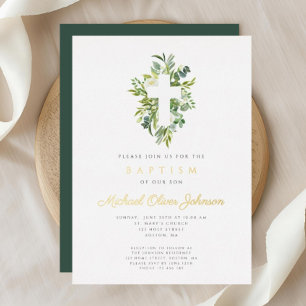 Invitación Con Relieve Metalizado Oro del bautismo botánico verde cruzado religioso