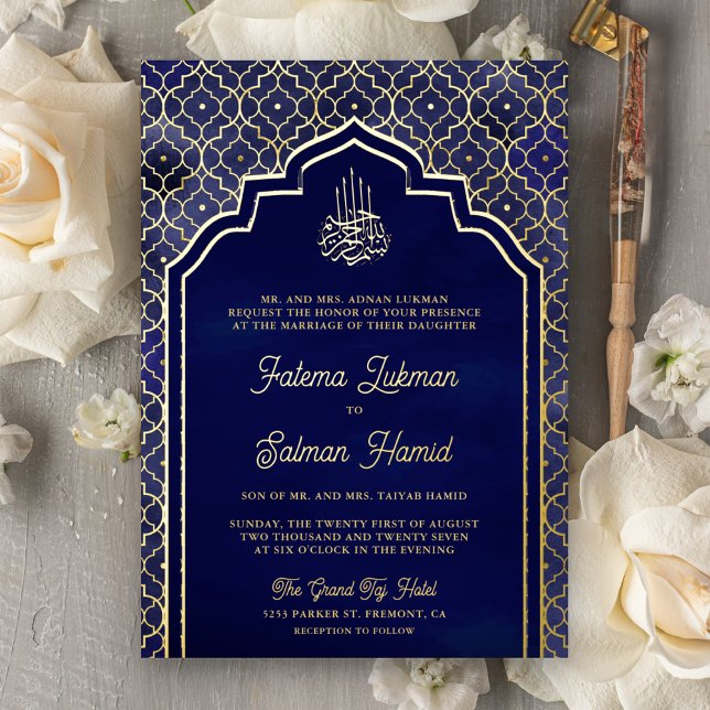 Invitación Con Relieve Metalizado Oro del Boda Musulmán del Arco Azul Medianoche (Subido por el creador)