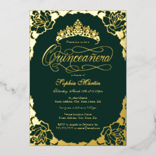 Invitación Con Relieve Metalizado Oro Esmeralda Elegante Escritura Quinceanera Cumpl