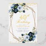 Invitación Con Relieve Metalizado oro fiesta de 40 cumpleaños floral azul<br><div class="desc">Un diseño de temática de Relieve metalizado dorado con una hermosa flor de color azul. El texto y los colores se pueden personalizar.</div>