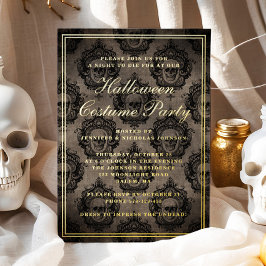 Invitación Con Relieve Metalizado Oro Fiesta de disfraces de Halloween con cráneo gó