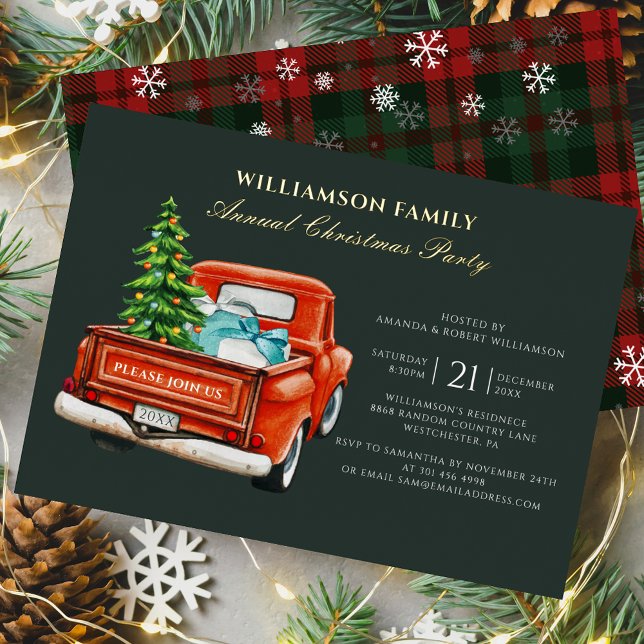 Invitación Con Relieve Metalizado Oro Fiesta de Navidades Rústicos de Camión Rojo (Rustic Plaid Christmas Party Red Truck Tartan Invitation Card)