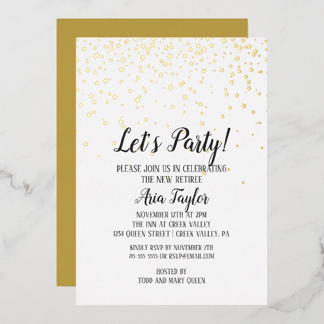 Invitación Con Relieve Metalizado Oro, Fiesta Fiesta de Jubilación Confetti (Anverso/Reverso)