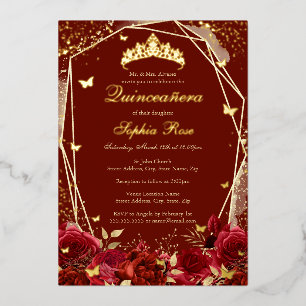 Invitación Con Relieve Metalizado Oro flor Tiara Quinceanera