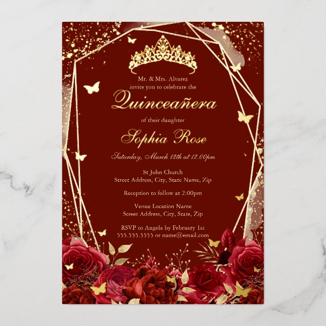 Invitación Con Relieve Metalizado Oro flor Tiara Quinceanera (Anverso)