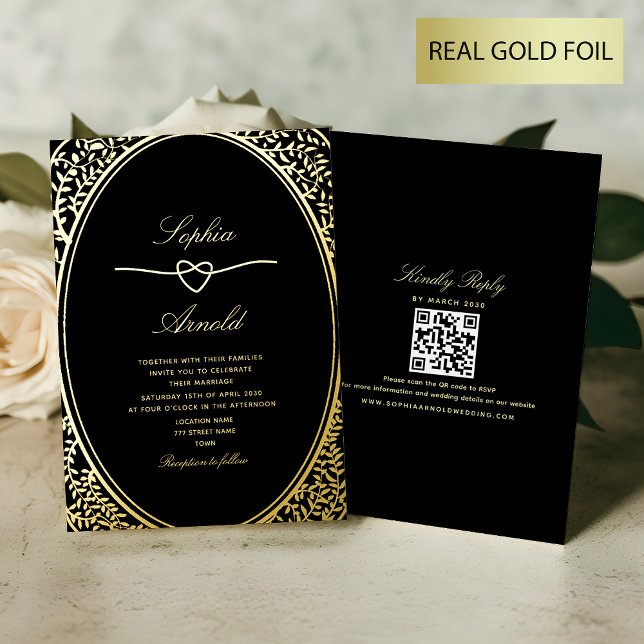 Invitación Con Relieve Metalizado Oro floral antiguo y Boda negro (Subido por el creador)