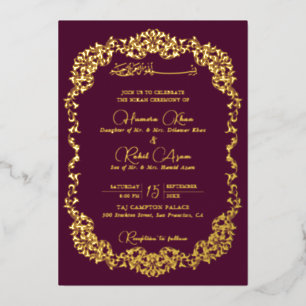 Invitación Con Relieve Metalizado Oro floral artístico paisley musulmán boda
