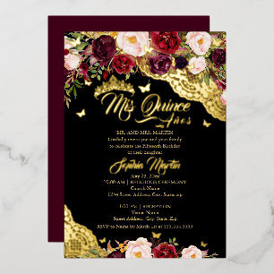 Invitación Con Relieve Metalizado Oro Floral Borgoña Mariposa Encaje Quinceañera