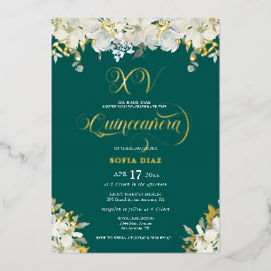 Invitación Con Relieve Metalizado Oro Floral de Quinceañera verde esmeralda