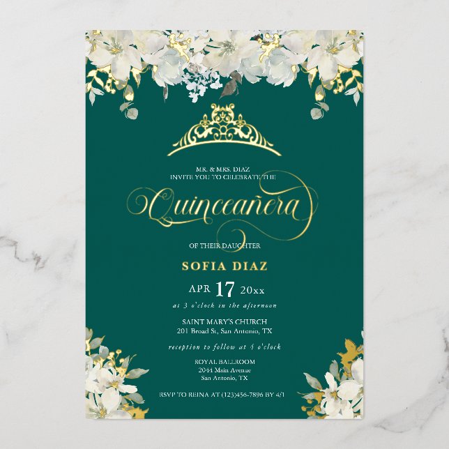 Invitación Con Relieve Metalizado Oro Floral de Quinceañera verde esmeralda (Anverso)