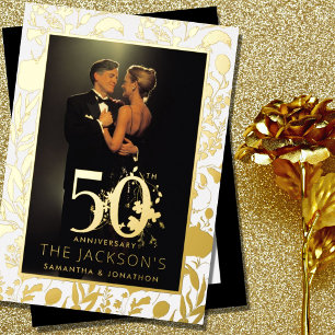 Invitación Con Relieve Metalizado Oro Floral Moderno Formal 50 Aniversario de Boda
