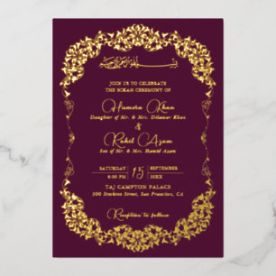 Invitación Con Relieve Metalizado Oro Floral Paisley Musulmán Artístico para Bodas P