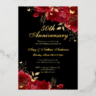 Invitación Con Relieve Metalizado Oro Floral Rojo 50 Aniversario de Boda