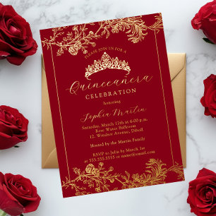 Invitación Con Relieve Metalizado Oro Floral Rojo Vintage Quinceañera