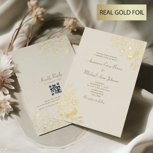 Invitación Con Relieve Metalizado Oro floral y Boda de marfil