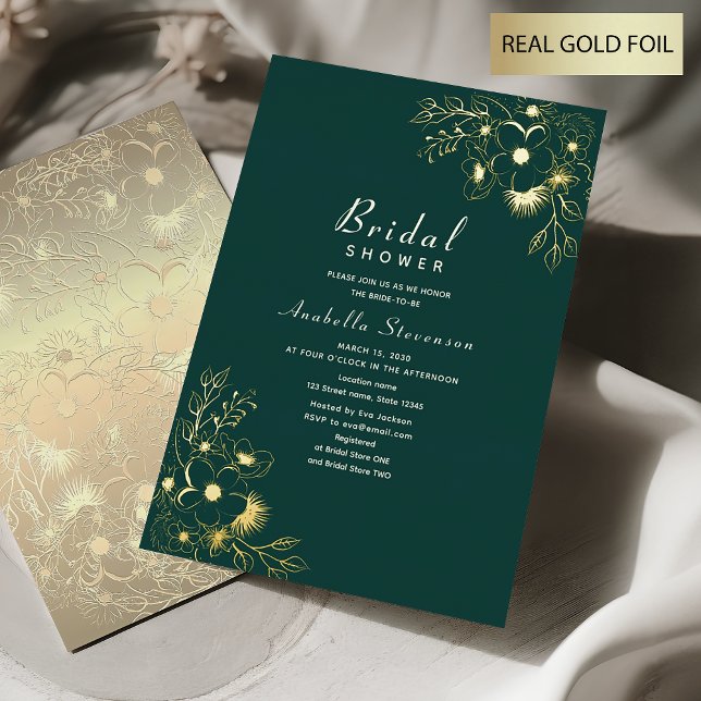 Invitación Con Relieve Metalizado Oro floral y ducha de novia verde esmeralda (Subido por el creador)