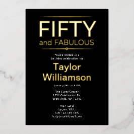 Invitación Con Relieve Metalizado Oro Foil Cincuenta y Fabuloso en guión blanco y ne