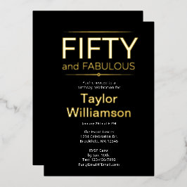 Invitación Con Relieve Metalizado Oro Folio Cincuenta y Fabuloso en Escritura Blanca