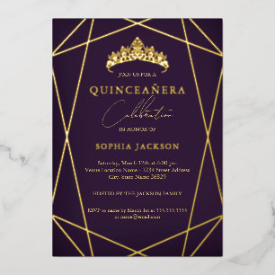 Invitación Con Relieve Metalizado Oro Geométrico Púrpura Elegante Quinceanera