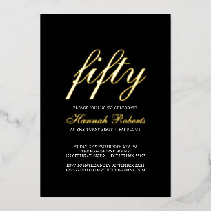 Invitación Con Relieve Metalizado Oro Hoja Cincuenta y Fabuloso Cumpleaños 50