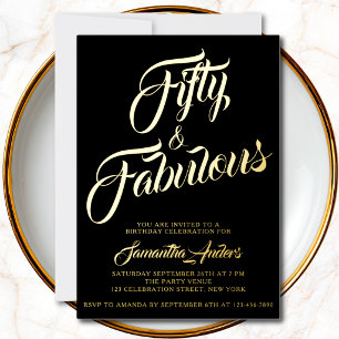 Invitación Con Relieve Metalizado Oro Hoja Cincuenta y Fabuloso Script Cumpleaños 50