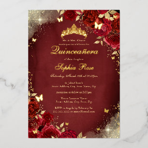 Invitación Con Relieve Metalizado Oro Hoja Real Rojo Mariposa Floral Quinceañera