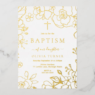 Invitación Con Relieve Metalizado Oro Lámina Floral Niño O Niña Bautizo Dorado