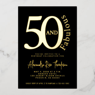 Invitación Con Relieve Metalizado Oro Laminado 50 y Fabuloso Cumpleaños 50 Fiesta I