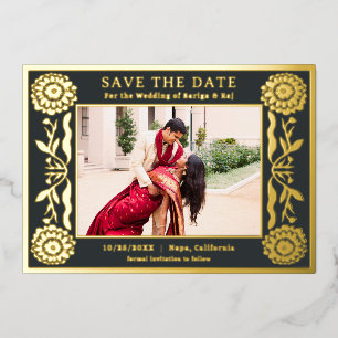 Invitación Con Relieve Metalizado Oro Laminado Floral Marigold Indio Guardar La Fech