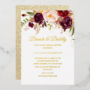 Invitación Con Relieve Metalizado Oro LAMINADO Rojo Borgoña Floral Brunch Y Burbujea