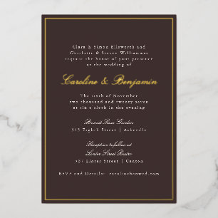 Invitación Con Relieve Metalizado Oro Marrón Oscuro Escritura Formal Boda Elegante