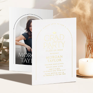 Invitación Con Relieve Metalizado Oro Minimal Gracia Elegancia Arco Graduación
