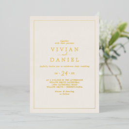 Invitación Con Relieve Metalizado Oro Minimalista | Boda Casual Marfil