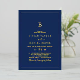 Invitación Con Relieve Metalizado Oro Minimalista con Hoja | Boda de Monograma Azul