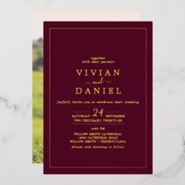 Invitación Con Relieve Metalizado Oro Minimalista con Hojas | Boda con Foto de Fondo