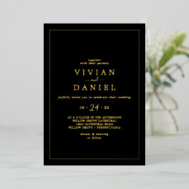 Invitación Con Relieve Metalizado Oro Minimalista con Hojuela | Boda Casual Negra
