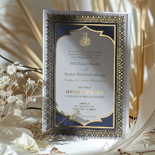 Invitación Con Relieve Metalizado Oro Musulmán Ornamental Azul Folio Islámico Boda