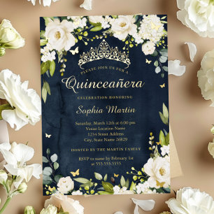 Invitación Con Relieve Metalizado Oro Navy Mariposa Champagne Floral Quinceanera