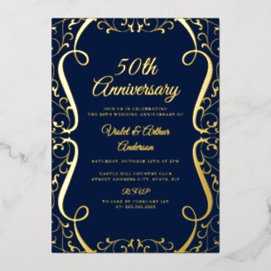 Invitación Con Relieve Metalizado Oro Navy Remolino 50 Aniversario de Boda