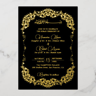 Invitación Con Relieve Metalizado Oro Negro Artístico Paisley Floral Musulmán Boda