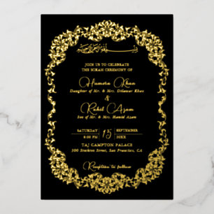 Invitación Con Relieve Metalizado Oro Negro Artístico Paisley Floral Musulmán Boda